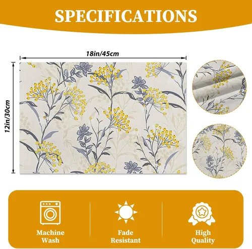 Miniatura 6 de Juego de 4 manteles individuales florales de lino y algodón, lavables, resistentes al calor, reutilizables, para cocina, comedor, 12 x 18 pulgadas