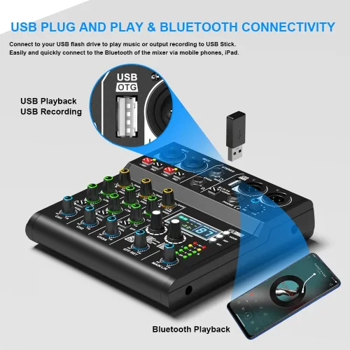 Miniatura 3 de XR-4 Negro Mezclador DJ Profesional de 4 Canales con DSP Integrado 99 Sonidos + Bluetooth 5.0 USB Grabación Karaoke Rendimiento en Vivo Diseño
