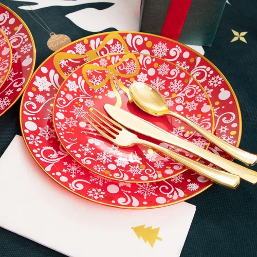 Miniatura 3 de Hioasis Juego de 175 piezas de plástico para lugares, temática navideña, guirnalda roja y blanca, incluye 25 platos de cena y postre, utensilios