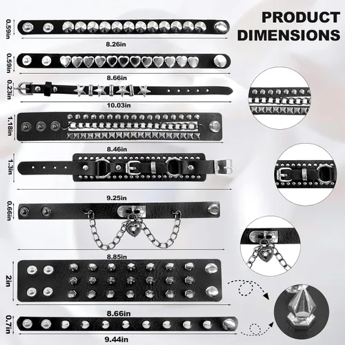 Miniatura 2 de 8 piezas de pulseras con pinchos, pulseras emo, pulsera de pinchos unisex, estilo rock genial de los 80, imprescindible para fiestas, festivales