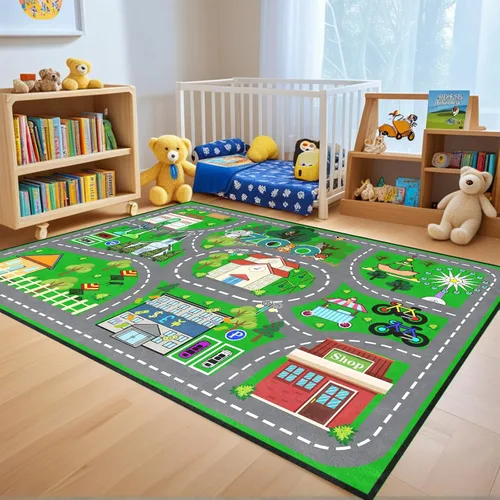 Miniatura 24 de Alfombra de carretera para habitación de niños, alfombra de juego azul para pista de carreras, alfombra de coche para dormitorio, sala