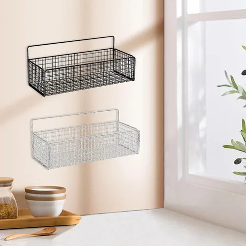 Miniatura 6 de Cestas colgantes de alambre de cocina, organizador de frutas negro para montaje en pared, sin perforaciones, soporte de metal pequeño para gabinete