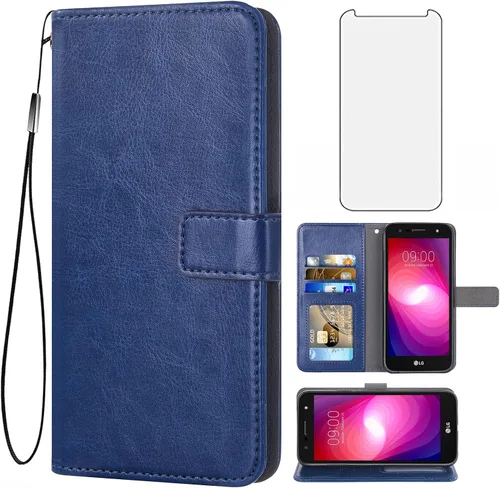 Asuwish Funda compatible con LG X Charge/Fiesta 2 LTE/X Power 2/X5/LV7 con protector de pantalla de vidrio templado, soporte de tarjeta de cuero con