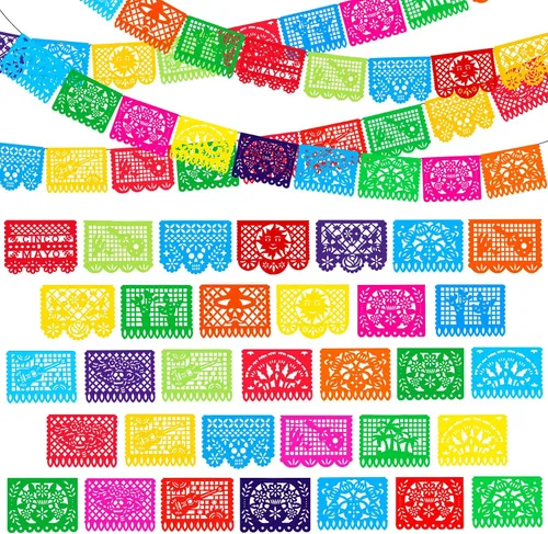 12 pancartas de fiesta mexicana de 180 pies grandes de papel picado, 10 patrones de plástico para fiesta de cinco de mayo, fiesta mexicana, día de