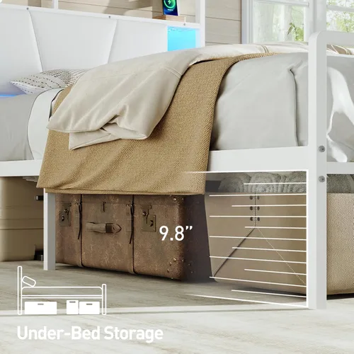 Miniatura 6 de RALGEND Base de cama Queen con cabecero, base de cama LED tamaño Queen con estación de carga, cama moderna de plataforma de metal con estantes