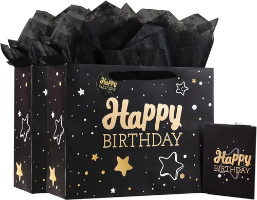 Miniatura 49 de Powbrace Bolsa de regalo de cumpleaños negra con papel de seda y tarjeta de felicitación, 13 x 10.2 x 4.9 pies, mediana