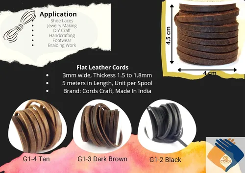 Miniatura 2 de Cords Craft® Cordones y cordones planos de cuero de 0.118 in para la fabricación de joyas, encaje de cuero Latigo, acabado mate, 16.4 ft