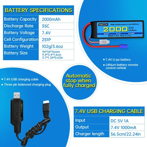 Miniatura 3 de Batería Lipo de 7.4V 2000mAh 35C 2S EC2 Plug Lipo con cable de carga USB para coche RC, modelo de camión, barco de control remoto, RC Quadcopter