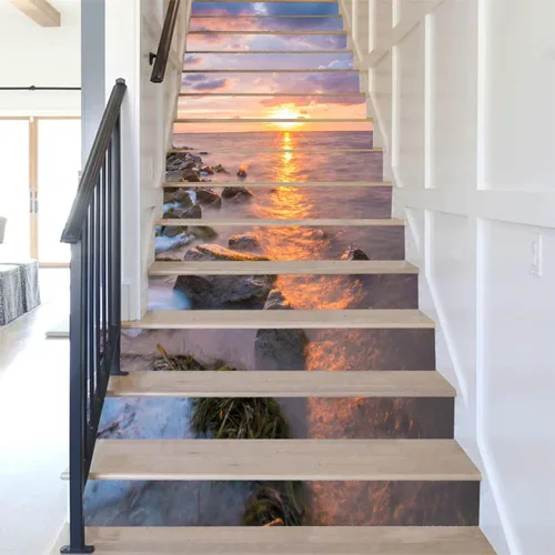 Miniatura 3 de artfanke 13 piezas de calcomanías de escalera 3D de amanecer en la costa del océano - Adhesivos para escaleras de pelar y pegar - Adhesivos