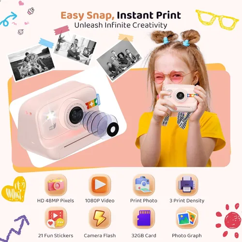 Miniatura 2 de Cámara de impresión instantánea para niños, regalos de cumpleaños para niñas y niños de 3 a 12 años, cámara de video 1080P para niños, ideas