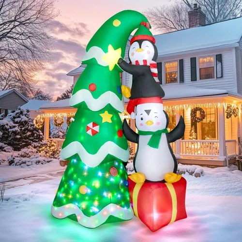 Miniatura 9 de Decoraciones inflables de Navidad de 8 pies para exteriores, dinosaurio inflable de patio con sombrero navideño y caja de regalo, luces LED