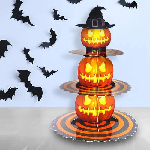 Miniatura 7 de Soporte para cupcakes de Halloween de 3 niveles para mesa de postre, torre de calabaza, bandeja de cartón naranja para 24 cupcakes, decoraciones