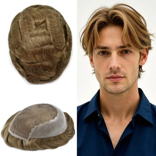 Miniatura 96 de Toupee - Sistemas de reemplazo de cabello para hombre, encaje frontal suizo, nudo blanqueado, pieza de cabello humano natural 1# negro azabache, 8 x