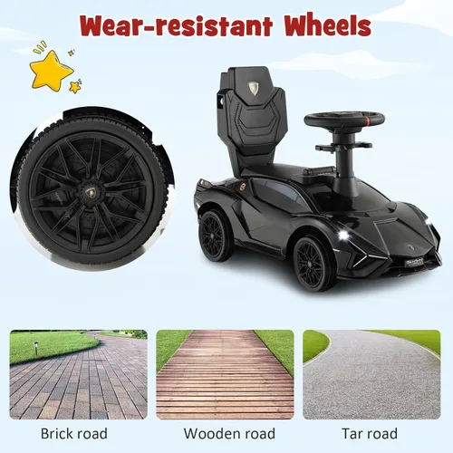 Miniatura 5 de INFANS 3 en 1 Coche de Paseo para Empujar, Silla de Paseo Licenciada Lamborghini para Bebés con Coche de Paseo Deslizante, Bocina, Música, USB, Negro