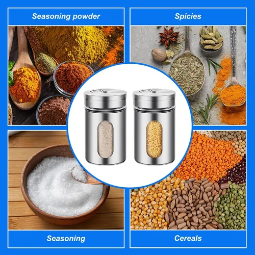 Miniatura 6 de Dandat 1 salero y pimentero de acero inoxidable con agujeros ajustables para verter y ventana de vidrio, dispensador de sal de 3.4 onzas, tarros