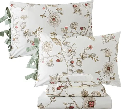 Miniatura 54 de FADFAY Juego de sábanas de cama con estampado floral amarillo, de algodón, tamaño King, suaves, transpirables, estilo Shabby Coquette, con bolsillo