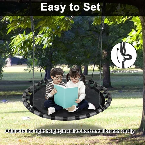 Miniatura 5 de Columpio de árbol de platillo negro de 43 pulgadas para niños, columpio redondo volador impermeable y resistente a todo tipo de clima, tapete