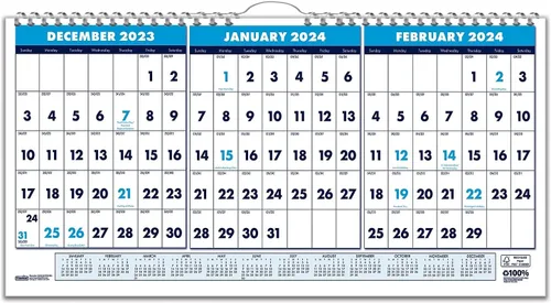 House of Doolittle Calendario de pared 2024, horizontal de tres meses, 17 x 8 pulgadas, diciembre - enero (HOD3647-24)