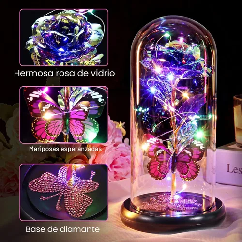 Miniatura 2 de Regalo de cumpleaños para el día de la madre para mamá de hija, hijo, rosa morada, flor eterna iluminada en cúpula de cristal con mariposa, regalos