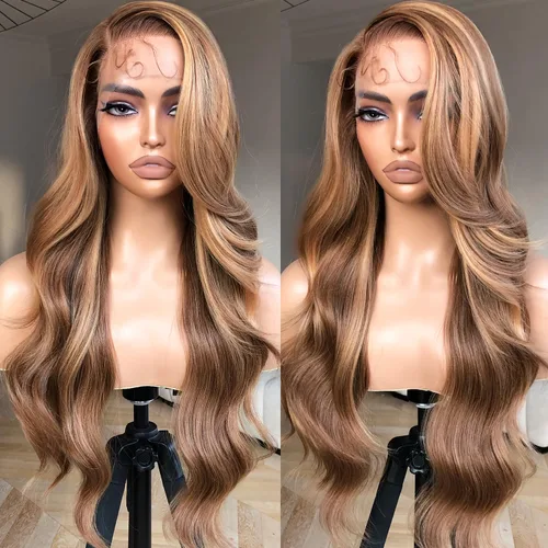 BrownBomb - Peluca sintética de encaje frontal con onda corporal rubio miel, prearrancada, sin pegamento para mujeres, 4/27 con reflejos, degradado