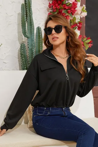 Miniatura 2 de SILKWORLD Sudadera corta con cremallera de un cuarto para mujer, manga larga, cuello alto, cordón ajustable, con bolsillos