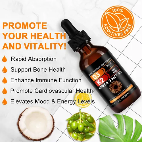 Miniatura 3 de Daiasns Vitamina D3 5000 UI y K2 (MK-7) 120 mcg 2.0 fl oz gotas con aceite MCT Omega 3, suplementos líquidos de vitamina D3 y K2 - Suministro de 2