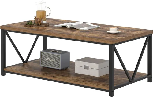 Miniatura 8 de EXCEFUR Mesa de centro moderna, mesa de sala de estar de madera rústica y metal con estante de almacenamiento, mesa central rectangular industrial