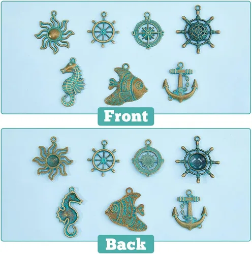 Miniatura 6 de SUPERFINDINGS Colgantes de aleación con temática oceánica, 42 piezas, 7 estilos, pátina verde, caballito de mar, brújula, colgante, colgante de pez