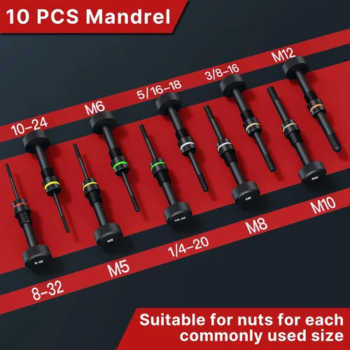 Miniatura 12 de TOLRET Kit de Herramienta para Tuerca Remachable Kit de Tuerca Remachable, Kit de Herramienta Rivnut con 10 Mandriles Métricos y SAE, Kit Surtido