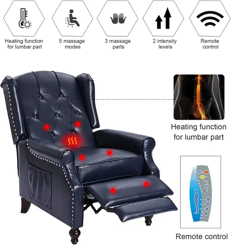 Miniatura 3 de Silla Reclinable Wingback - Sillón Reclinable Acolchado - Silla Reclinable de Masaje con Calor - Sillón Reclinable de Tela Push Back con Control