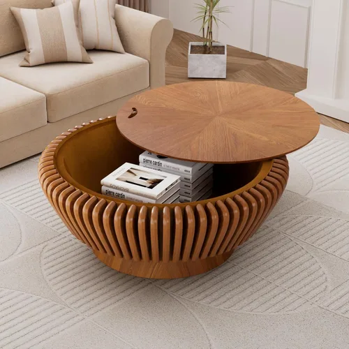 Miniatura 3 de Mesa auxiliar redonda con almacenamiento, mesa de centro moderna de tambor de madera de 35.4 pulgadas con cubierta, mesa central circular acanalada