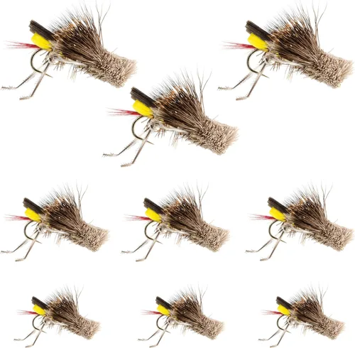 The Fly Fishing Place Dave's Hopper - Surtido de moscas de pesca con mosca de trucha, cuerpo de espuma amarilla, colección de moscas secas, 9