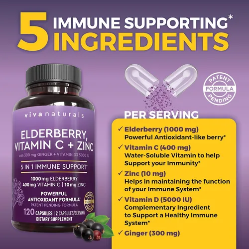 Miniatura 3 de Viva Naturals Saúco con vitamina C y zinc para adultos - 5 en 1 Cápsulas de saúco negro Sambucus con vitamina D3 5000 UI Suplemento de inmunidad