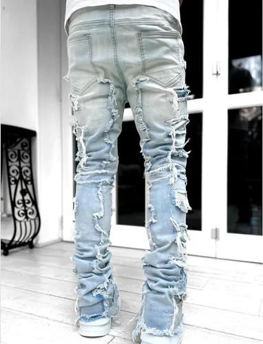 Miniatura 3 de GDJGTA Jeans apilados para hombre, ajustados, rasgados, elásticos, desgastados, rectos, pantalones de mezclilla estilo hip hop, ropa de calle