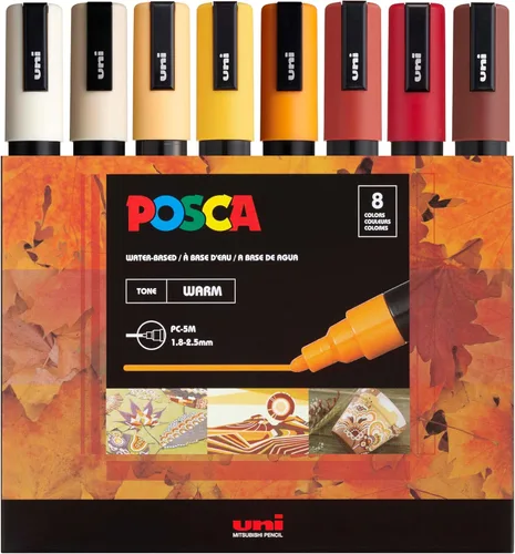 uni POSCA PC-5M Marcadores de Pintura a Base de Agua, Punta Media Reversible (1.8-2.5mm), Colores de Tinta Tono Cálido, Pack de 8