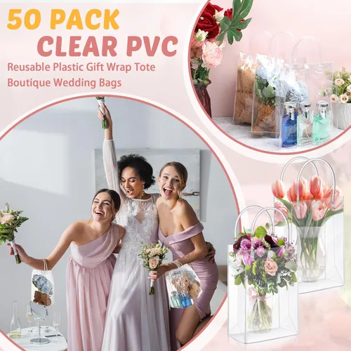 Miniatura 7 de LEIFIDE 50 bolsas de regalo de plástico transparente con asas, de PVC, reutilizables, transparentes, bolsas para dulces, escuela, fiesta