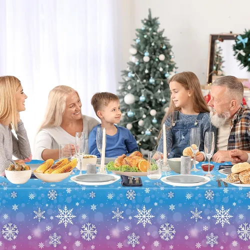 Miniatura 2 de 3 manteles de invierno con copos de nieve – Mantel de plástico de Frozen Wonderland desechable, rectangular, copos de nieve para suministros