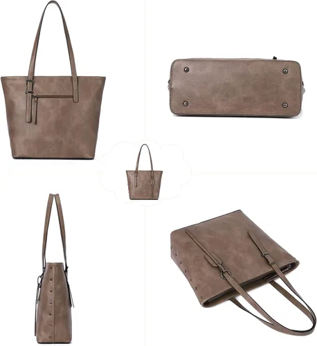 Miniatura 5 de KL928 Bolso de mano para mujer, bolso de mano de piel sintética, bolso de hombro grande, asa superior, monederos, juego de 2 piezas