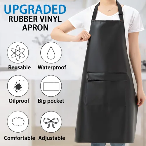 Miniatura 3 de Delantal de cuero de vinilo negro con bolsillos para mujer, impermeable para cocina, cocina, lavavajillas, aseo de perros