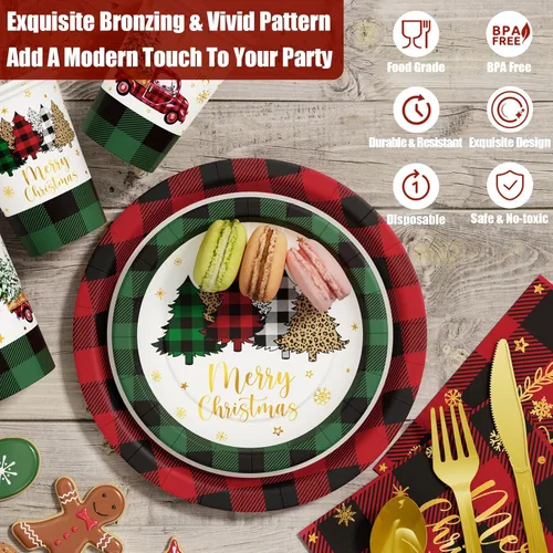 Miniatura 3 de Suministros de decoración de fiesta de Navidad - 175 piezas de juego de vajilla desechable de Navidad (25 invitados) con camión a cuadros de búfalo
