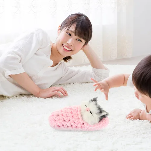 Miniatura 7 de Ciieeo Muñeca de gato dormido en pantufla, mini gatito en zapato con sonidos de miauros, juguete de mano, regalo para niños y niñas, decoración