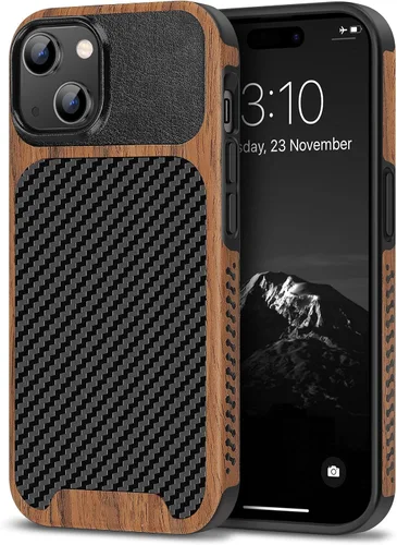 TENDLIN Compatible con Funda para iPhone 15, Funda de Madera con Textura de Fibra de Carbono, Diseño Híbrido de Cuero Delgado (Negro)