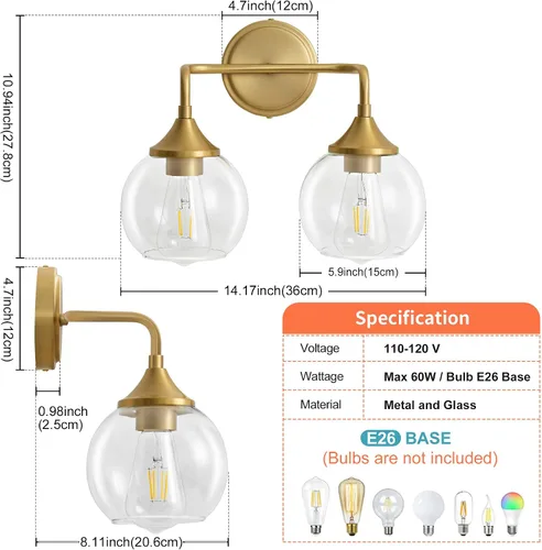 Miniatura 4 de Lámpara de Tocador de Baño Dorada con Pantalla de Vidrio Transparente, Base E26, Luminarias de Baño de 2 Luces Sobre Espejo, Luces de Tocador de 14