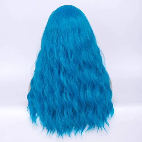 Miniatura 5 de Peluca ondulada azul de 24 pulgadas de largo para mujer, pelucas de fibra resistentes al calor, para Halloween, cosplay, fiesta diaria + gorra (azul)