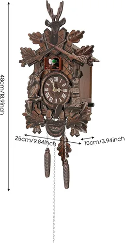 Miniatura 9 de Reloj de cuco con función de timbre, reloj de pared de madera vintage para pared, diseño antiguo con péndulo, volumen ajustable, reloj de cuco