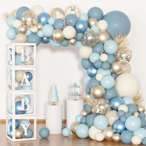 153 piezas de decoración de baby shower azul polvoriento para niño, kit de arco de globos azules con letra (A-Z+Bebé) para suministros de fiesta de