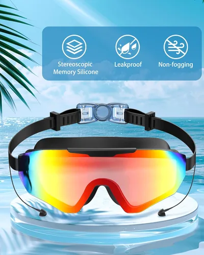 Miniatura 3 de Gafas de natación con tapones para los oídos, gafas de natación antivaho UV de visión amplia, lentes UV de 3 colores para hombres, mujeres y niños
