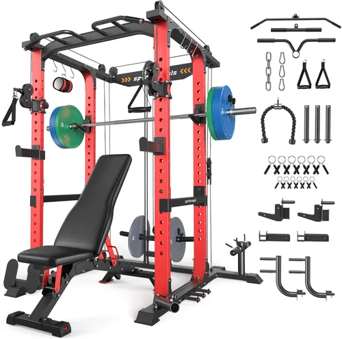 Miniatura 17 de Sportsroyals Jaula de Potencia, Rack de Potencia Multifuncional de 1600 libras con Sistema de Cruce de Cable Ajustable y Más Accesorios de Azul