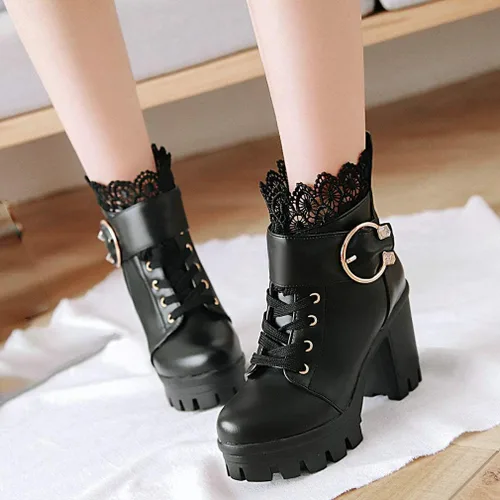 Miniatura 7 de Parisuit Botas de tobillo de plataforma gruesa para mujer con cordones y tacón alto