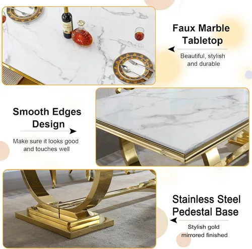 Miniatura 5 de Juego de mesa de comedor de mármol para 4, mesa de cocina rectangular de mármol blanco de 70 pulgadas con base en O de acero inoxidable dorado